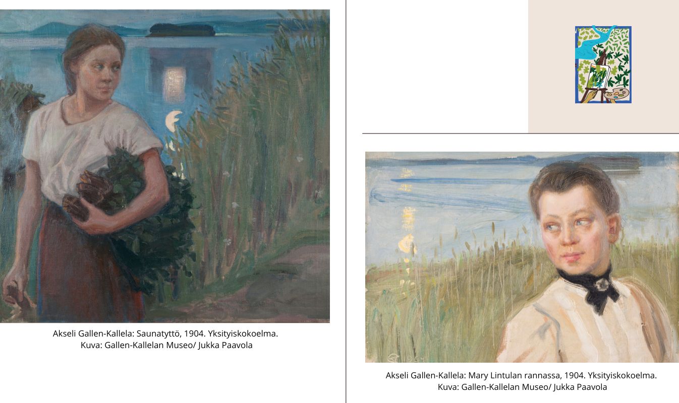 Kaksi kuvaa Akseli Gallen-Kallelan maalauksesta Saunatyttö ja Mary Lintulan rannassa.